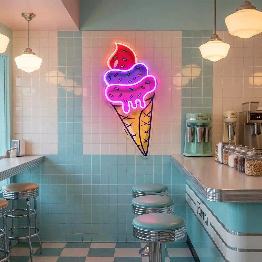 Ice Cream Cone Cartoon Artwork Led Neon Sign Light