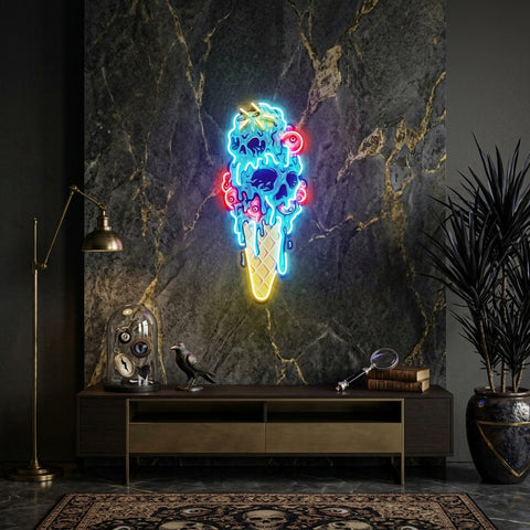 Ice Scream Cone Skull Melting LED Neon Sign Light Pop Art