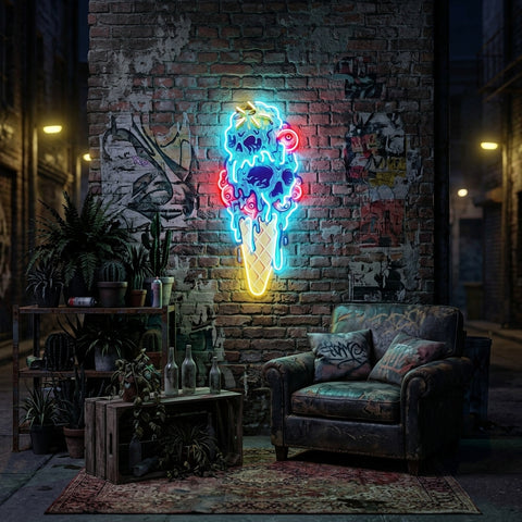 Ice Scream Cone Skull Melting LED Neon Sign Light Pop Art