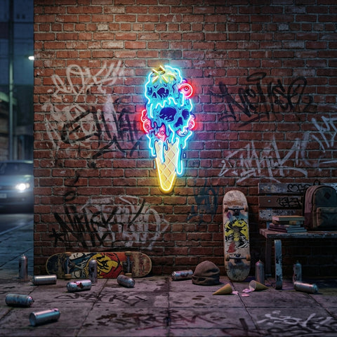 Ice Scream Cone Skull Melting LED Neon Sign Light Pop Art