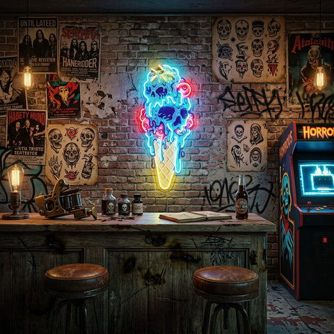 Ice Scream Cone Skull Melting LED Neon Sign Light Pop Art