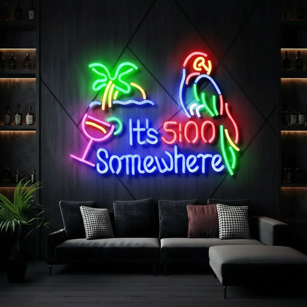 It's 5:00 Somewhere neon sign with palm tree, cocktail and parrot above a gray sofa