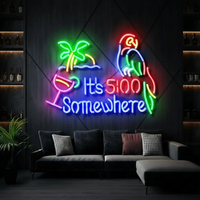 It's 5:00 Somewhere neon sign with palm tree, cocktail and parrot above a gray sofa