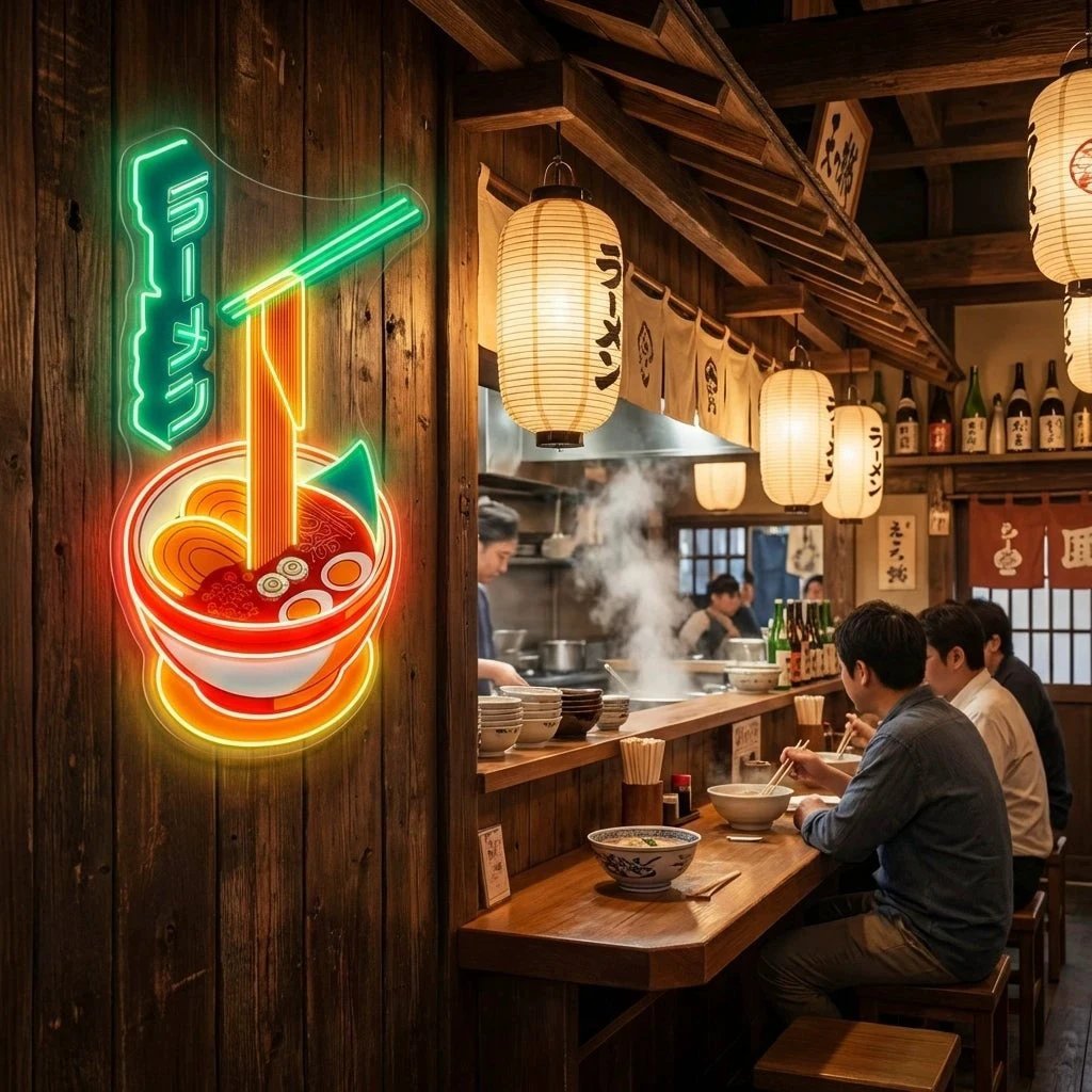 Ramen Bowl LED Neon Sign – Japanese Food Wall Decor for Restaurants & Cafes