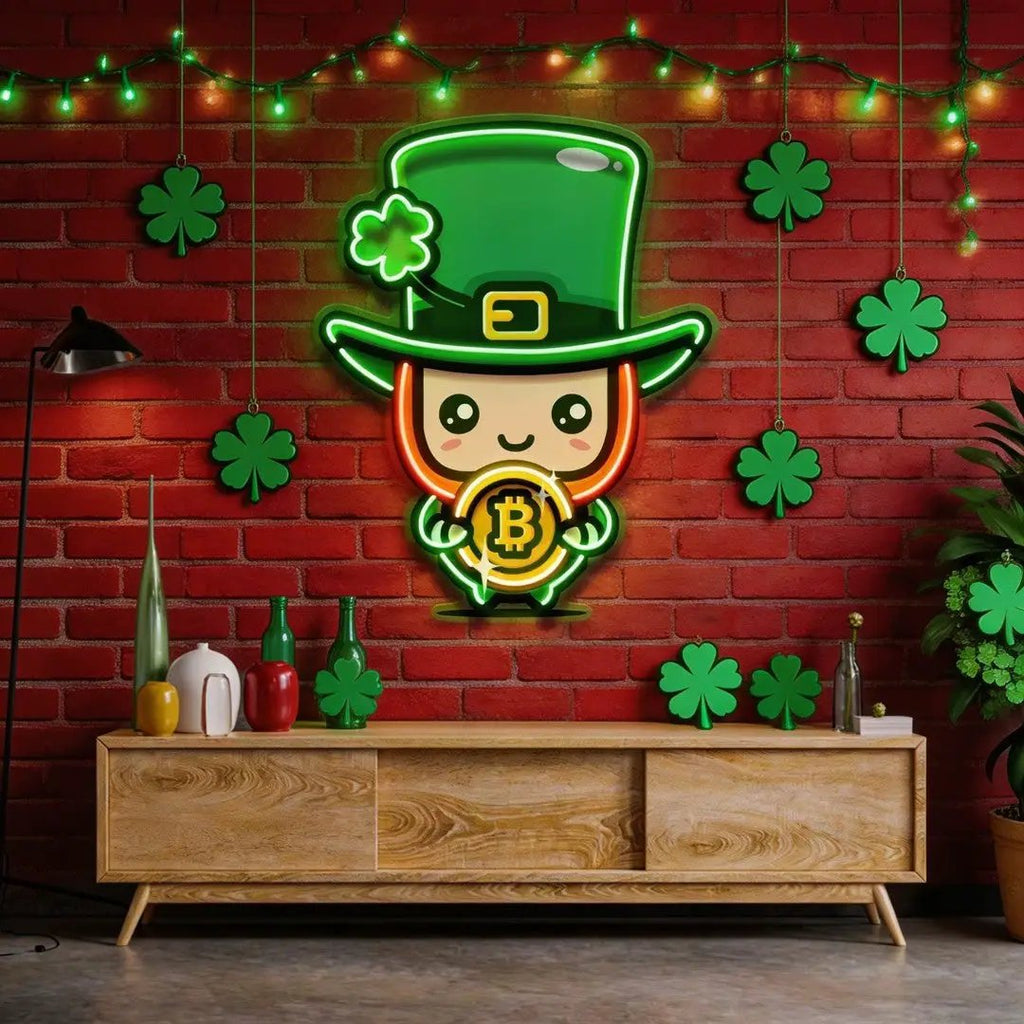 Leprechaun Hugging Bitcoin LED Neon Sign Light Pop Art