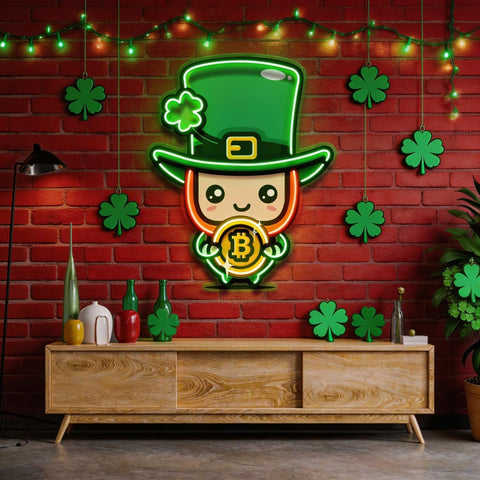 Leprechaun Hugging Bitcoin LED Neon Sign Light Pop Art
