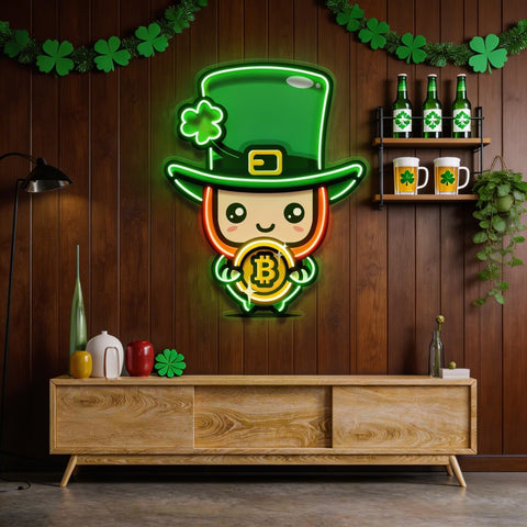 Leprechaun Hugging Bitcoin LED Neon Sign Light Pop Art