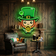 Leprechaun Hugging Bitcoin LED Neon Sign Light Pop Art