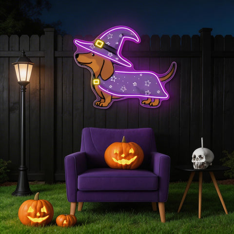 Halloween Dachshund Neon Sign – Cute Witch Dog LED Wall Light for Spooky Home & Party Decor