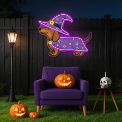 Halloween Dachshund Neon Sign – Cute Witch Dog LED Wall Light for Spooky Home & Party Decor