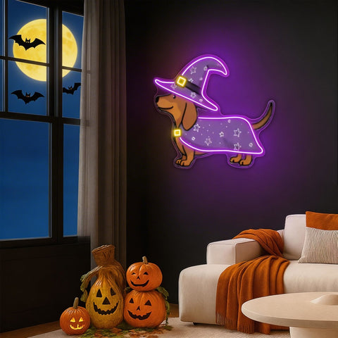 Halloween Dachshund Neon Sign – Cute Witch Dog LED Wall Light for Spooky Home & Party Decor