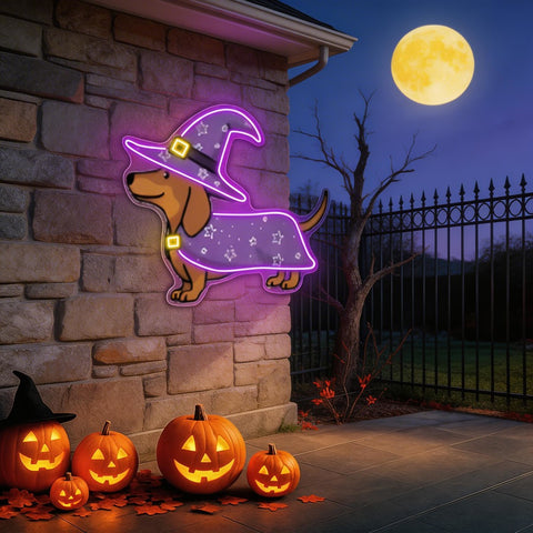 Halloween Dachshund Neon Sign – Cute Witch Dog LED Wall Light for Spooky Home & Party Decor