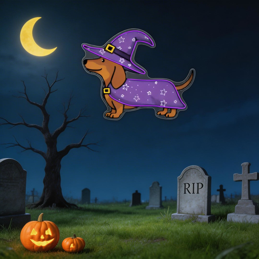 Halloween Dachshund Neon Sign – Cute Witch Dog LED Wall Light for Spooky Home & Party Decor