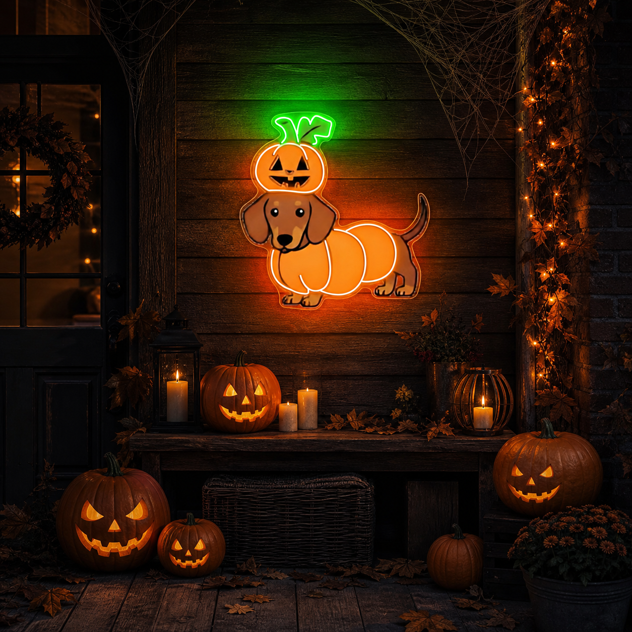 Halloween Pumpkin Dachshund Neon Sign – Cute Dog LED Wall Light for Spooky Home & Party Decor