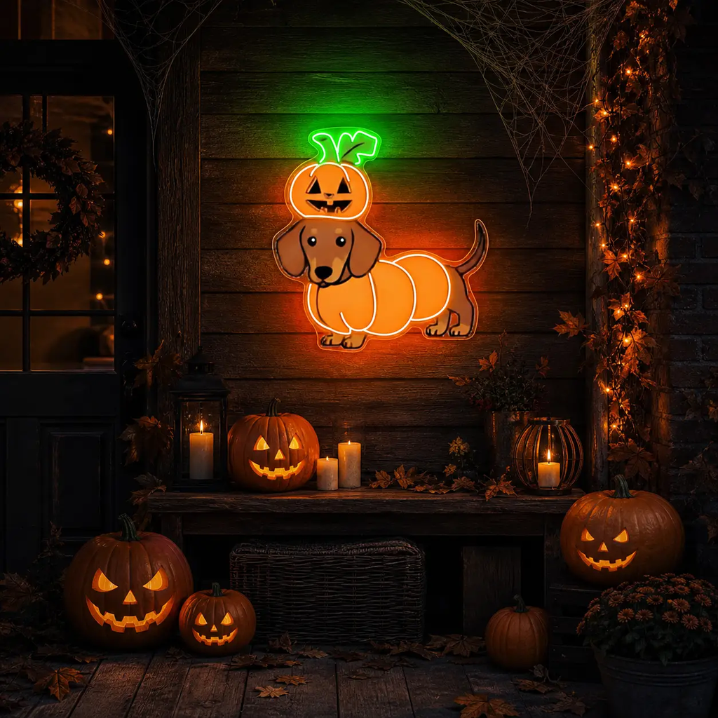 Halloween Pumpkin Dachshund Neon Sign – Cute Dog LED Wall Light for Spooky Home & Party Decor