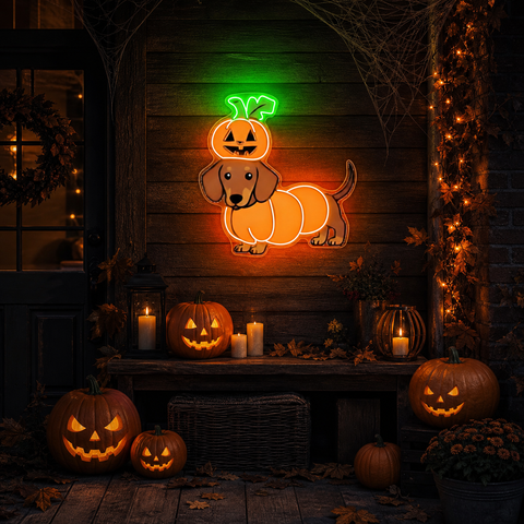 Halloween Pumpkin Dachshund Neon Sign – Cute Dog LED Wall Light for Spooky Home & Party Decor