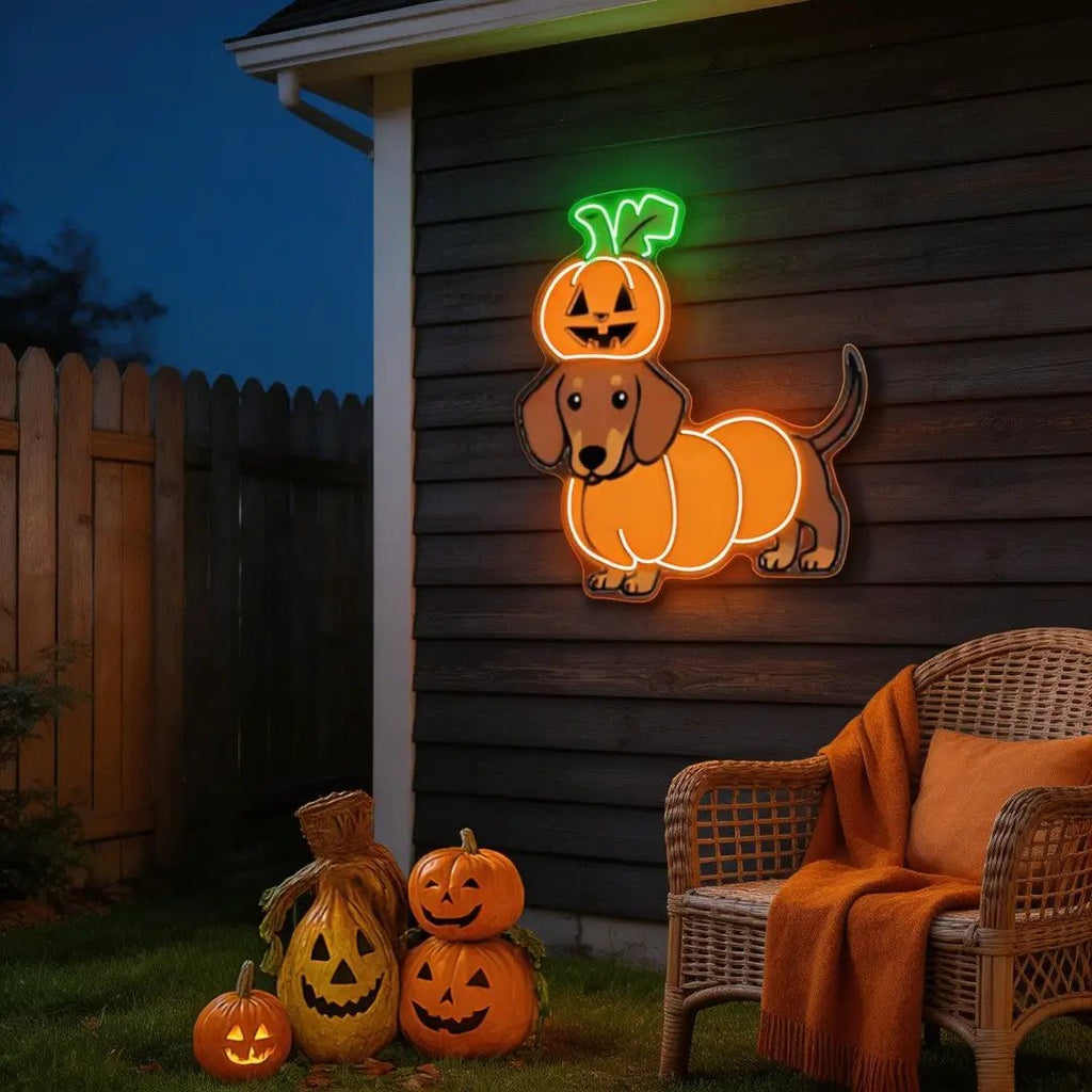 Halloween Pumpkin Dachshund Neon Sign – Cute Dog LED Wall Light for Spooky Home & Party Decor