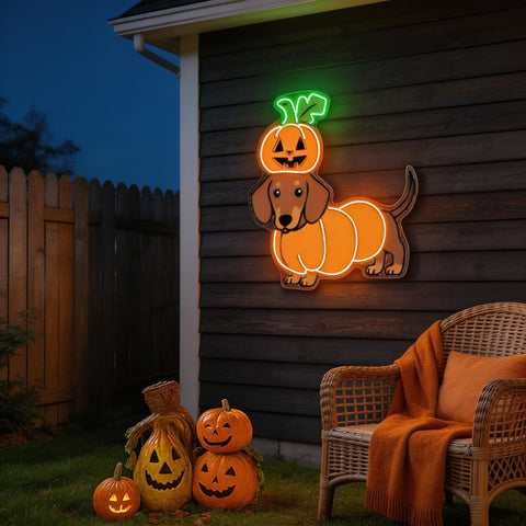 Halloween Pumpkin Dachshund Neon Sign – Cute Dog LED Wall Light for Spooky Home & Party Decor