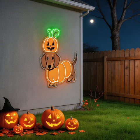 Halloween Pumpkin Dachshund Neon Sign – Cute Dog LED Wall Light for Spooky Home & Party Decor
