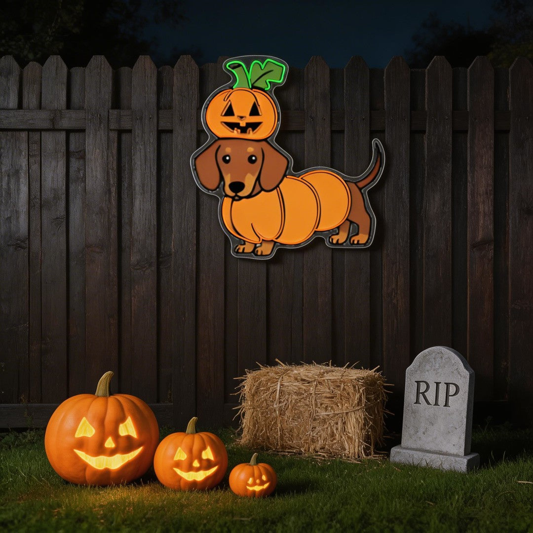 Halloween Pumpkin Dachshund Neon Sign – Cute Dog LED Wall Light for Spooky Home & Party Decor