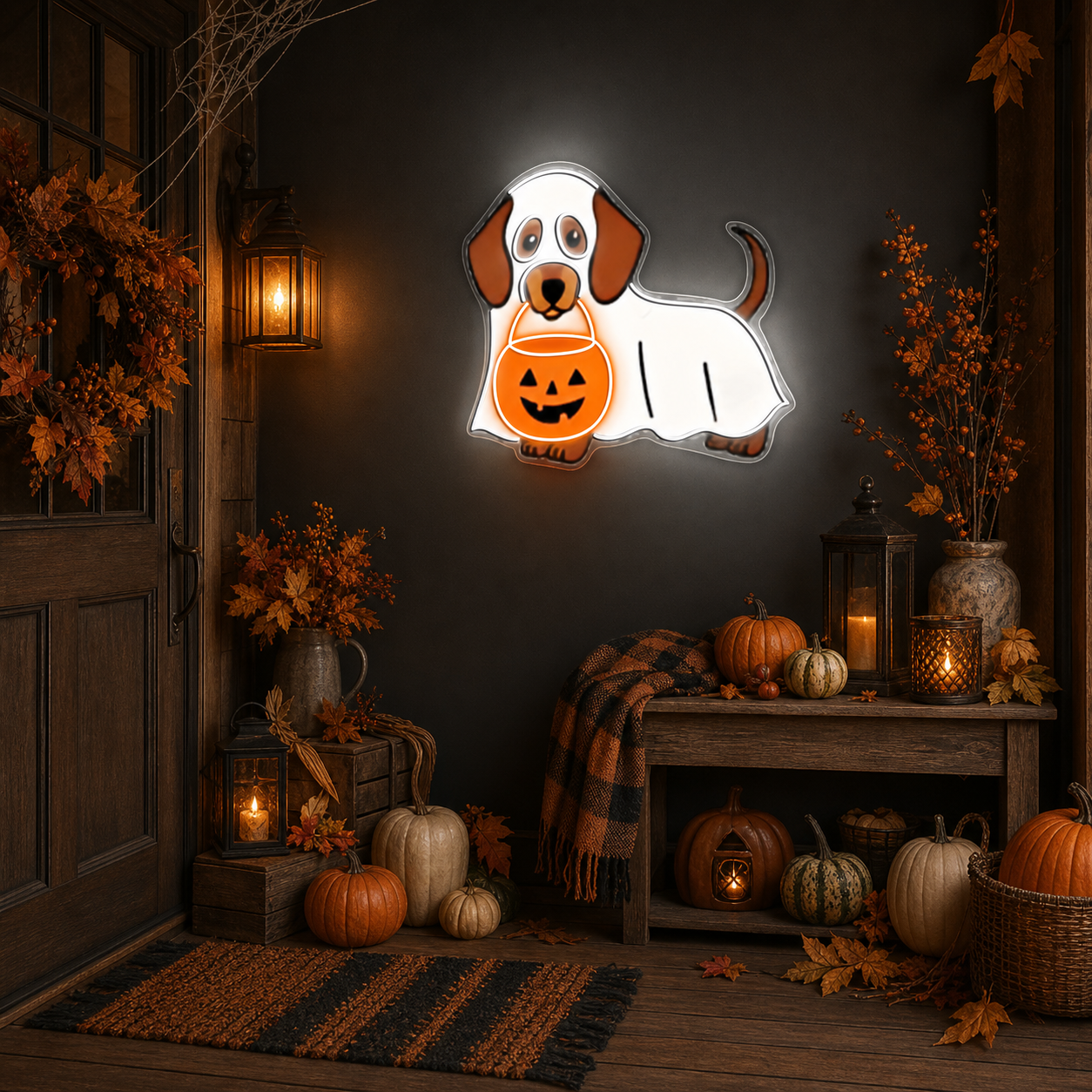 Halloween Ghost Dog Neon Sign – Cute Dachshund LED Wall Light with Pumpkin Bucket for Spooky Home Decor