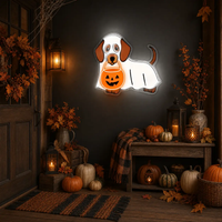 Halloween Ghost Dog Neon Sign – Cute Dachshund LED Wall Light with Pumpkin Bucket for Spooky Home Decor