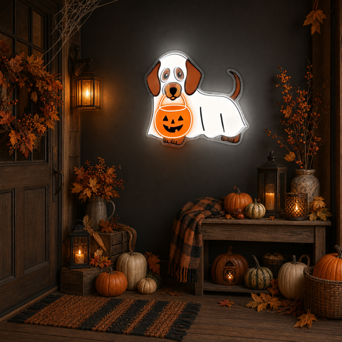 Halloween Ghost Dog Neon Sign – Cute Dachshund LED Wall Light with Pumpkin Bucket for Spooky Home Decor