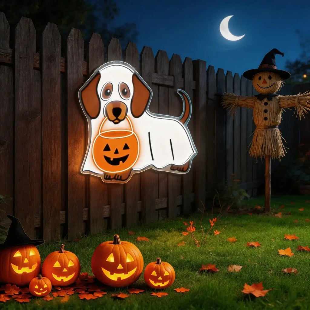 Halloween Ghost Dog Neon Sign – Cute Dachshund LED Wall Light with Pumpkin Bucket for Spooky Home Decor