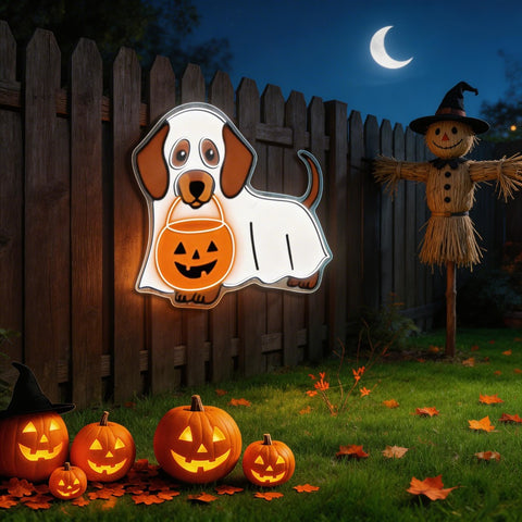 Halloween Ghost Dog Neon Sign – Cute Dachshund LED Wall Light with Pumpkin Bucket for Spooky Home Decor