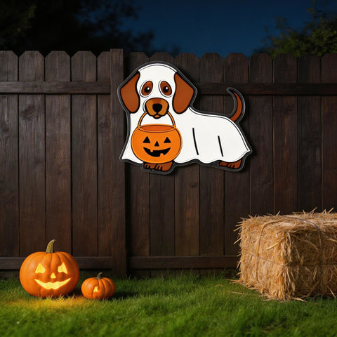 Halloween Ghost Dog Neon Sign – Cute Dachshund LED Wall Light with Pumpkin Bucket for Spooky Home Decor