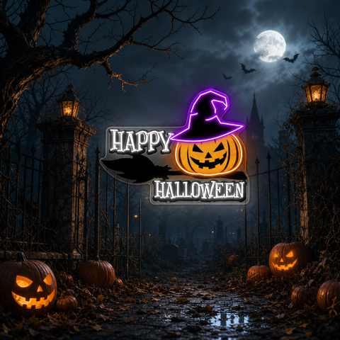 Happy Halloween Neon Sign – Spooky LED Wall Light with Pumpkin & Witch Hat for Party and Home Decor
