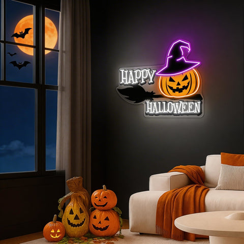 Happy Halloween Neon Sign – Spooky LED Wall Light with Pumpkin & Witch Hat for Party and Home Decor