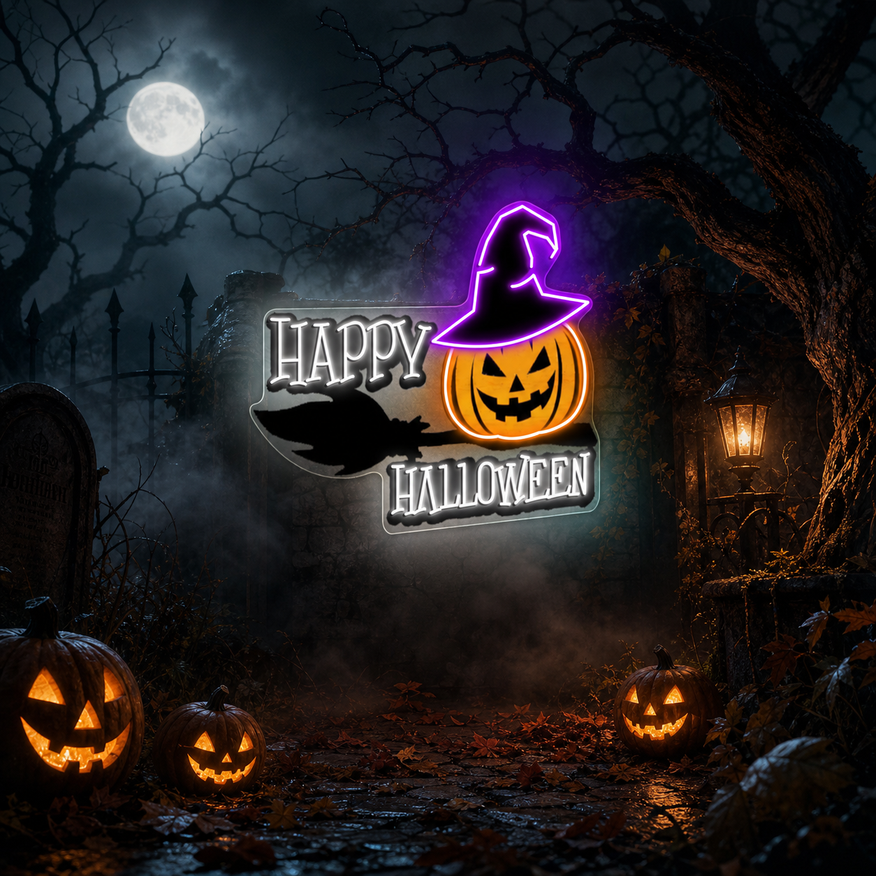 Happy Halloween Neon Sign – Spooky LED Wall Light with Pumpkin & Witch Hat for Party and Home Decor