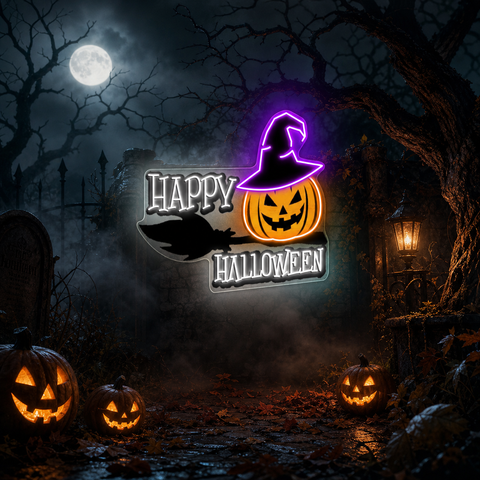 Happy Halloween Neon Sign – Spooky LED Wall Light with Pumpkin & Witch Hat for Party and Home Decor
