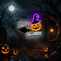 Happy Halloween Neon Sign – Spooky LED Wall Light with Pumpkin & Witch Hat for Party and Home Decor