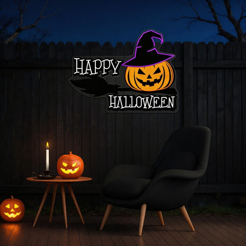 Happy Halloween Neon Sign – Spooky LED Wall Light with Pumpkin & Witch Hat for Party and Home Decor