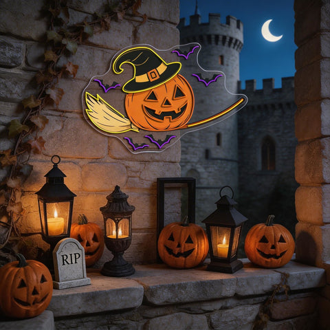 Halloween Witch Pumpkin Neon Sign – Spooky Jack-o’-Lantern LED Wall Light with Bats & Broomstick