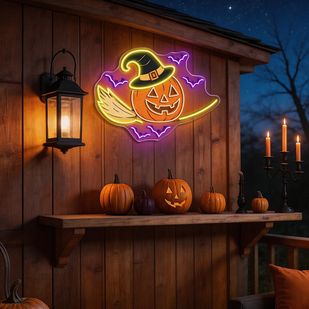 Halloween Witch Pumpkin Neon Sign – Spooky Jack-o’-Lantern LED Wall Light with Bats & Broomstick