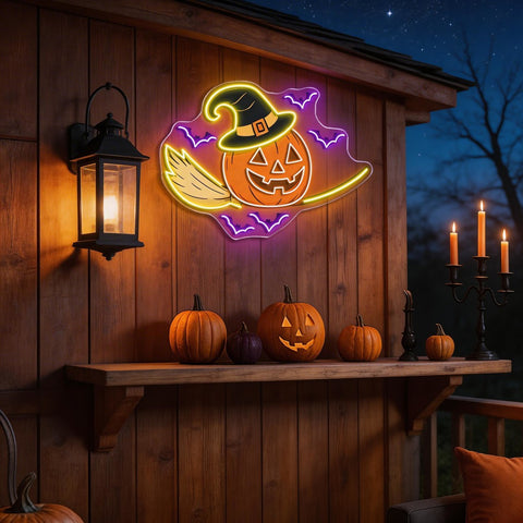 Halloween Witch Pumpkin Neon Sign – Spooky Jack-o’-Lantern LED Wall Light with Bats & Broomstick