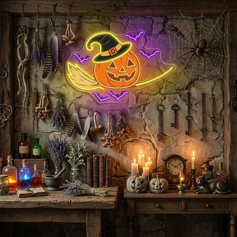 Halloween Witch Pumpkin Neon Sign – Spooky Jack-o’-Lantern LED Wall Light with Bats & Broomstick
