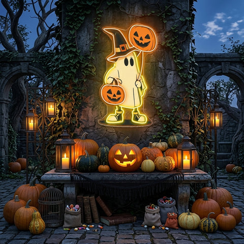 Halloween Ghost Neon Sign – Cute Spooky LED Wall Light with Pumpkin Balloon & Candy Bucket