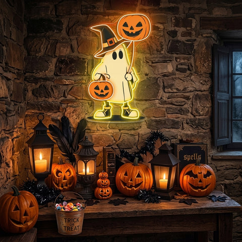 Halloween Ghost Neon Sign – Cute Spooky LED Wall Light with Pumpkin Balloon & Candy Bucket
