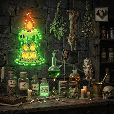Halloween Creepy Candle Neon Sign – Spooky LED Wall Light for Haunted House & Party Decor