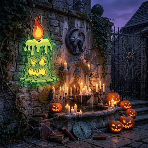 Halloween Creepy Candle Neon Sign – Spooky LED Wall Light for Haunted House & Party Decor