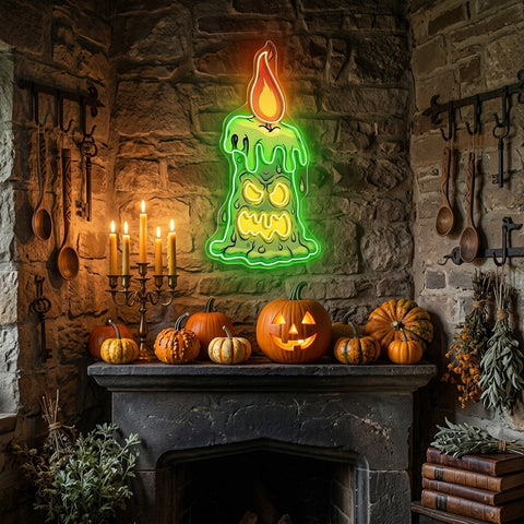 Halloween Creepy Candle Neon Sign – Spooky LED Wall Light for Haunted House & Party Decor