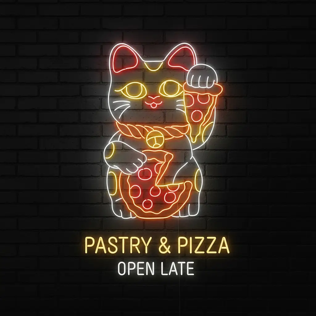Lucky Cat Eating Pizza Neon Sign Restaurant Wall Decor