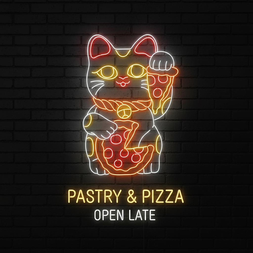 Lucky Cat Eating Pizza Neon Sign Restaurant Wall Decor