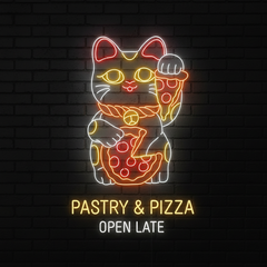 Lucky Cat Eating Pizza Neon Sign Restaurant Wall Decor