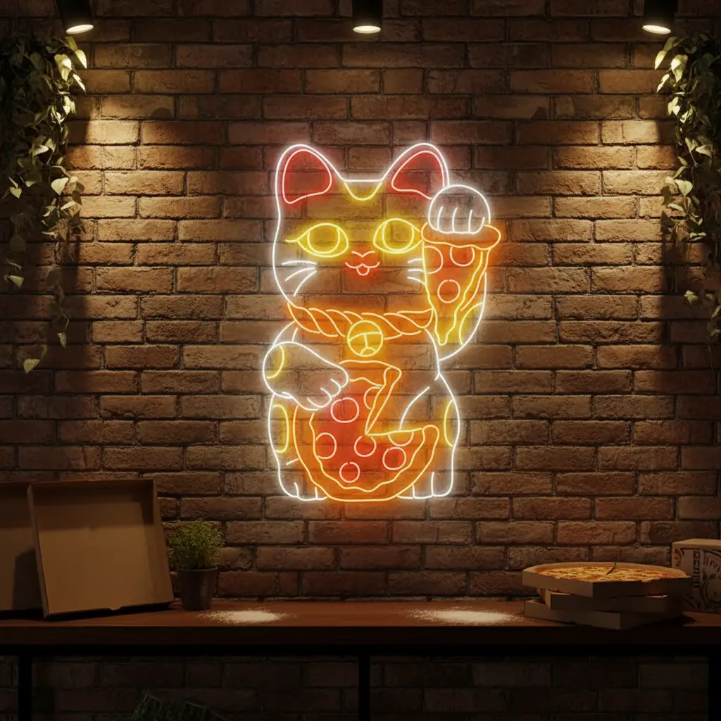 Lucky Cat Eating Pizza Neon Sign Restaurant Wall Decor