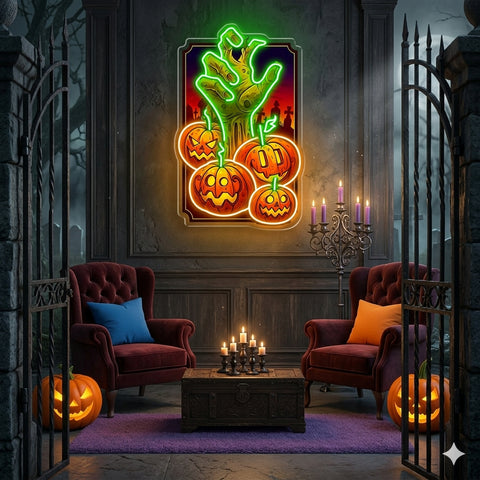Halloween Zombie Hand Neon Sign – Scary LED Wall Light with Pumpkins for Haunted House & Party Decor
